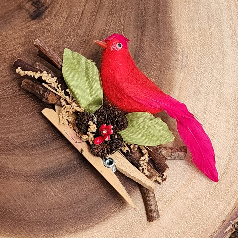 Set of 2 Vintage Feathered Bird Ornaments Holiday Wreath Decor
